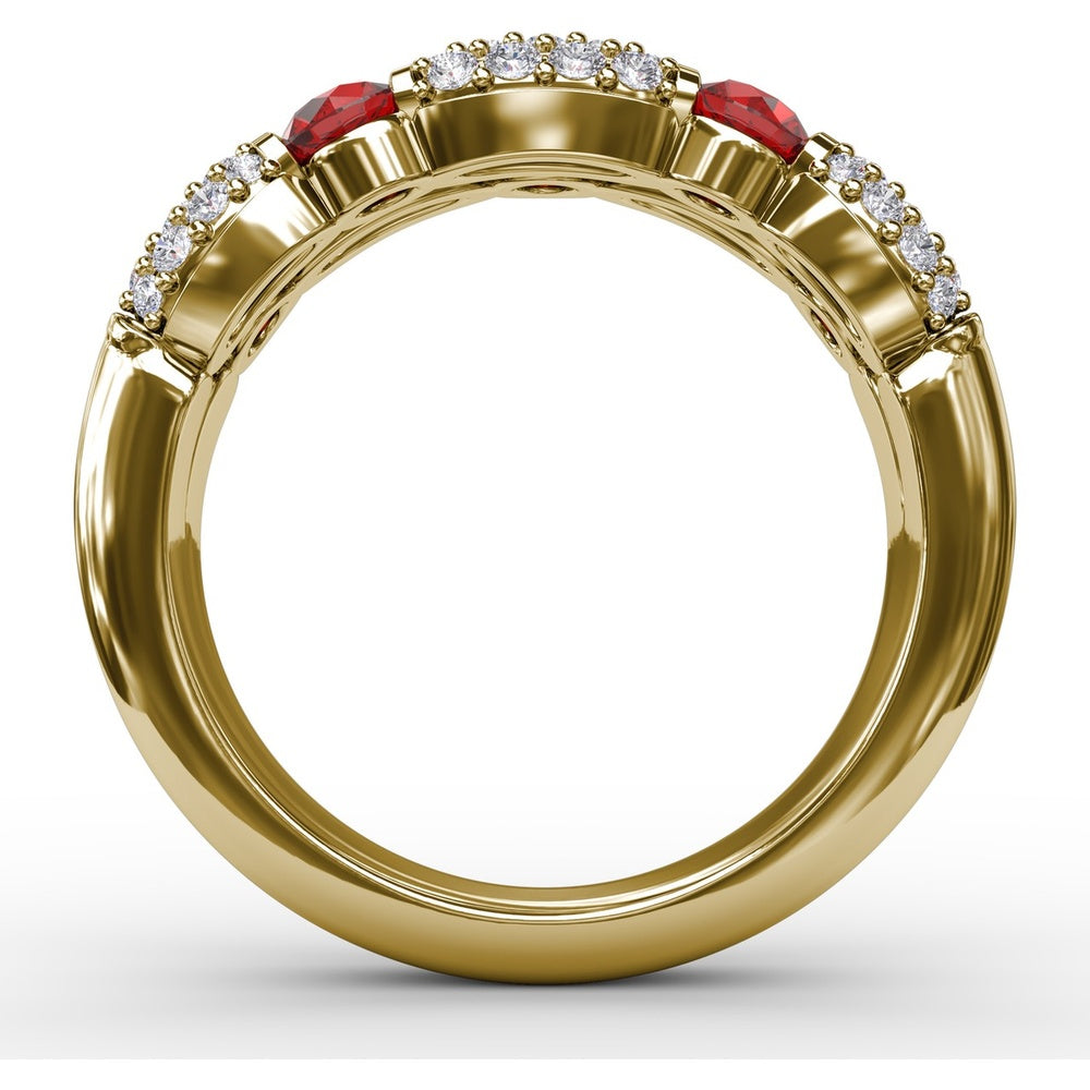 Double Row Ring with Round Bezel-Set Rubies and Pavé Diamonds by Fana - 1.76 Carat Total Gemstone Weight