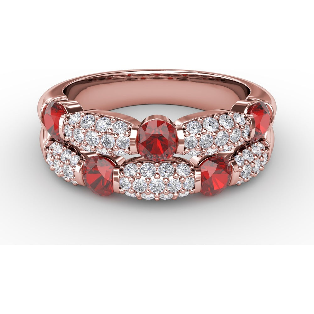 Double Row Ring with Round Bezel-Set Rubies and Pavé Diamonds by Fana - 1.76 Carat Total Gemstone Weight