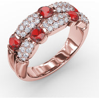 Double Row Ring with Round Bezel-Set Rubies and Pavé Diamonds by Fana - 1.76 Carat Total Gemstone Weight