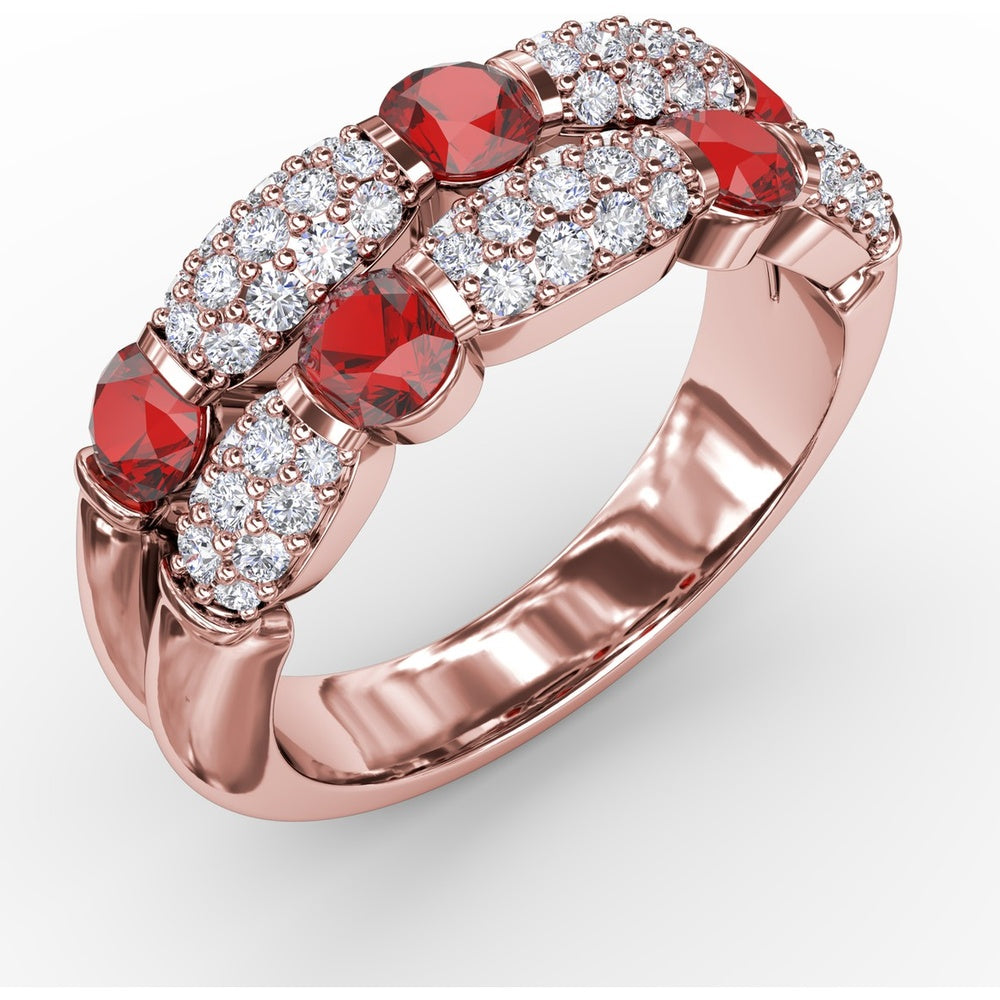 Double Row Ring with Round Bezel-Set Rubies and Pavé Diamonds by Fana - 1.76 Carat Total Gemstone Weight