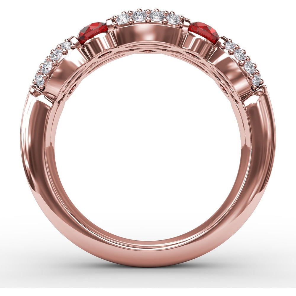 Double Row Ring with Round Bezel-Set Rubies and Pavé Diamonds by Fana - 1.76 Carat Total Gemstone Weight