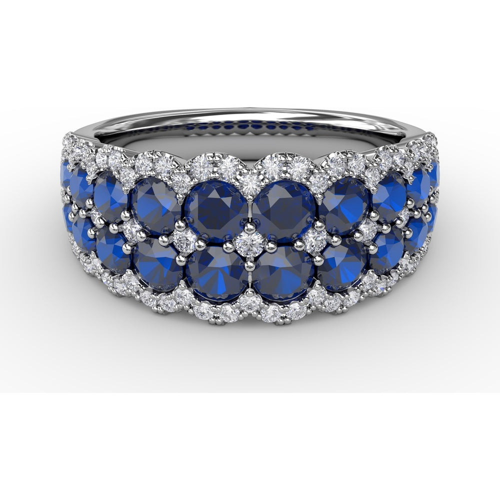 Double Row Ring with Round Blue Sapphires and Pavé Diamond Border by Fana - 2.53 Carat Total Gemstone Weight