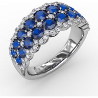 Double Row Ring with Round Blue Sapphires and Pavé Diamond Border by Fana - 2.53 Carat Total Gemstone Weight