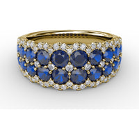 Double Row Ring with Round Blue Sapphires and Pavé Diamond Border by Fana - 2.53 Carat Total Gemstone Weight