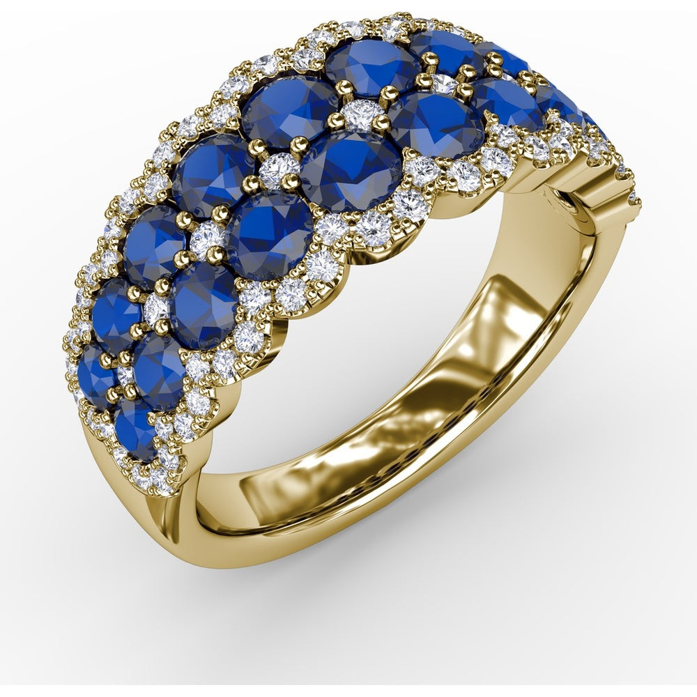 Double Row Ring with Round Blue Sapphires and Pavé Diamond Border by Fana - 2.53 Carat Total Gemstone Weight