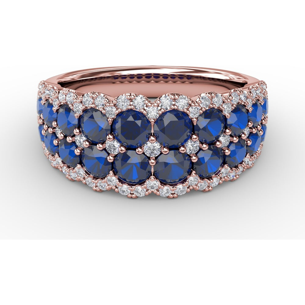 Double Row Ring with Round Blue Sapphires and Pavé Diamond Border by Fana - 2.53 Carat Total Gemstone Weight
