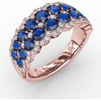 Double Row Ring with Round Blue Sapphires and Pavé Diamond Border by Fana - 2.53 Carat Total Gemstone Weight