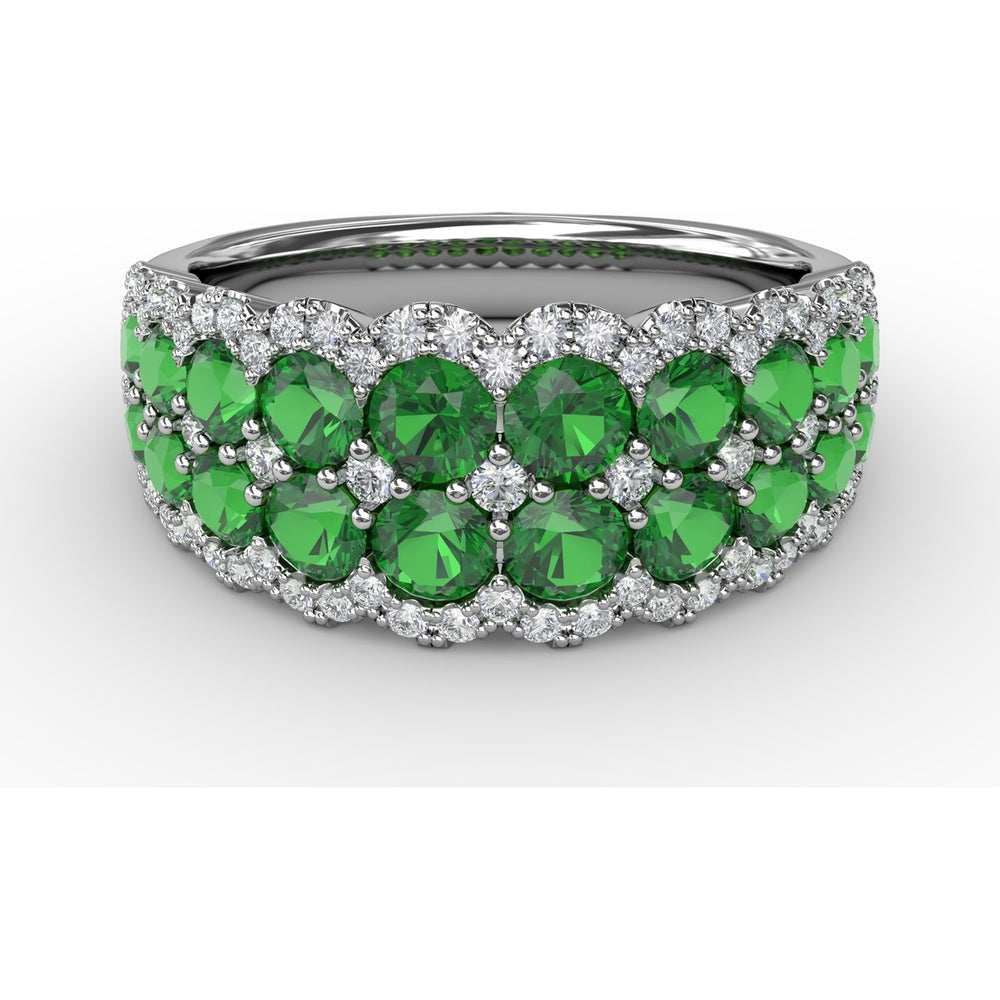 Double Row Ring with Round Emeralds and Pavé Diamond Borders by Fana - 2.16 Carat Total Gemstone Weight