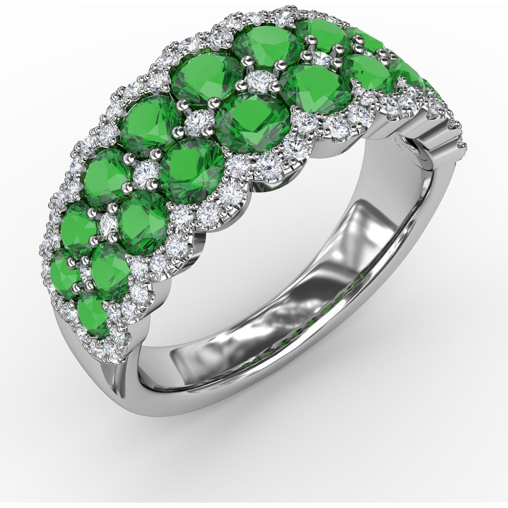 Double Row Ring with Round Emeralds and Pavé Diamond Borders by Fana - 2.16 Carat Total Gemstone Weight