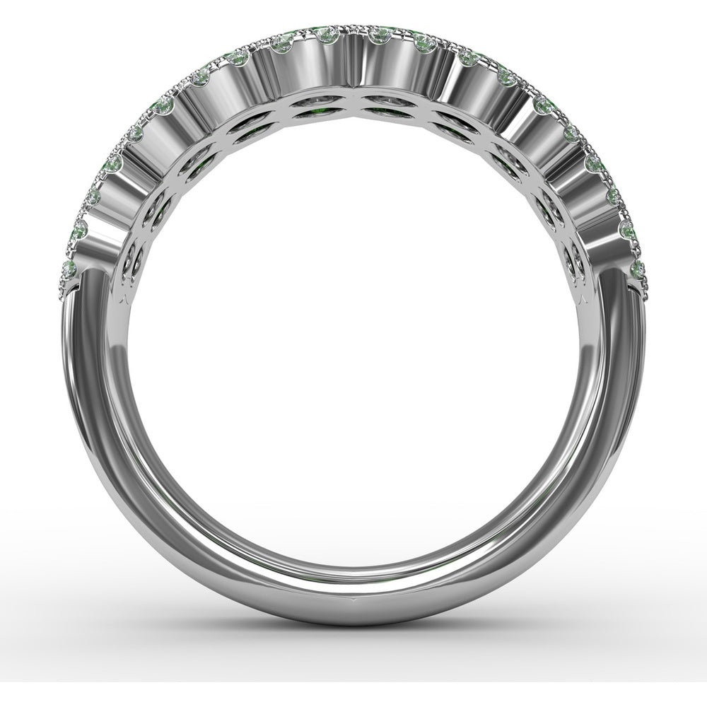 Double Row Ring with Round Emeralds and Pavé Diamond Borders by Fana - 2.16 Carat Total Gemstone Weight