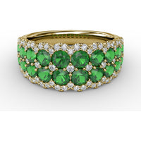 Double Row Ring with Round Emeralds and Pavé Diamond Borders by Fana - 2.16 Carat Total Gemstone Weight