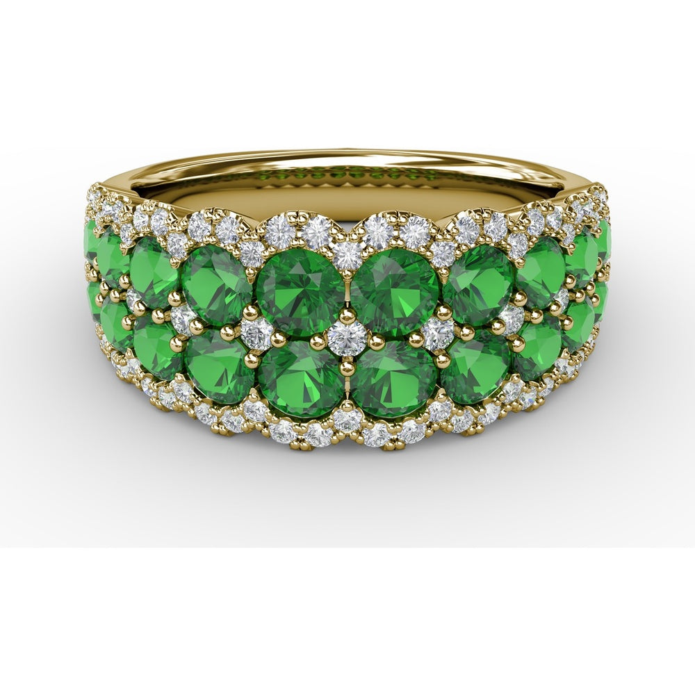 Double Row Ring with Round Emeralds and Pavé Diamond Borders by Fana - 2.16 Carat Total Gemstone Weight