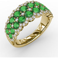Double Row Ring with Round Emeralds and Pavé Diamond Borders by Fana - 2.16 Carat Total Gemstone Weight