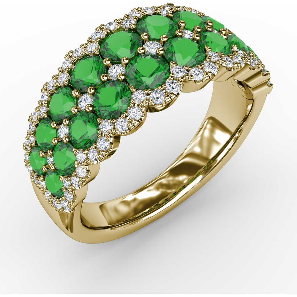 Double Row Ring with Round Emeralds and Pavé Diamond Borders by Fana - 2.16 Carat Total Gemstone Weight