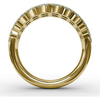 Double Row Ring with Round Emeralds and Pavé Diamond Borders by Fana - 2.16 Carat Total Gemstone Weight