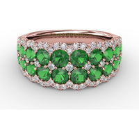 Double Row Ring with Round Emeralds and Pavé Diamond Borders by Fana - 2.16 Carat Total Gemstone Weight