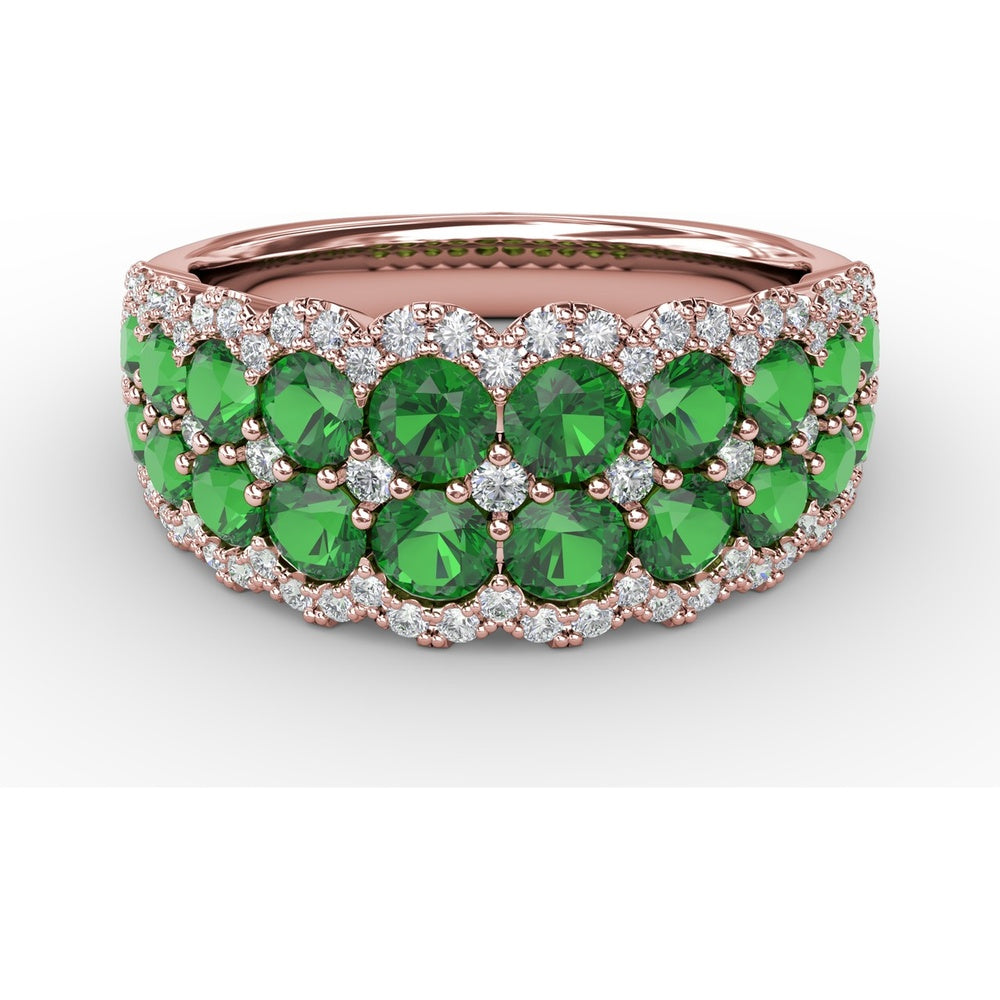 Double Row Ring with Round Emeralds and Pavé Diamond Borders by Fana - 2.16 Carat Total Gemstone Weight