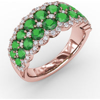 Double Row Ring with Round Emeralds and Pavé Diamond Borders by Fana - 2.16 Carat Total Gemstone Weight
