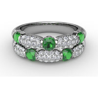 Double Row Ring with Round Emeralds and Pavé Diamonds by Fana - 1.41 Carat Total Gemstone Weight