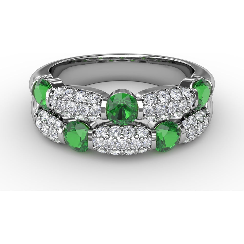 Double Row Ring with Round Emeralds and Pavé Diamonds by Fana - 1.41 Carat Total Gemstone Weight