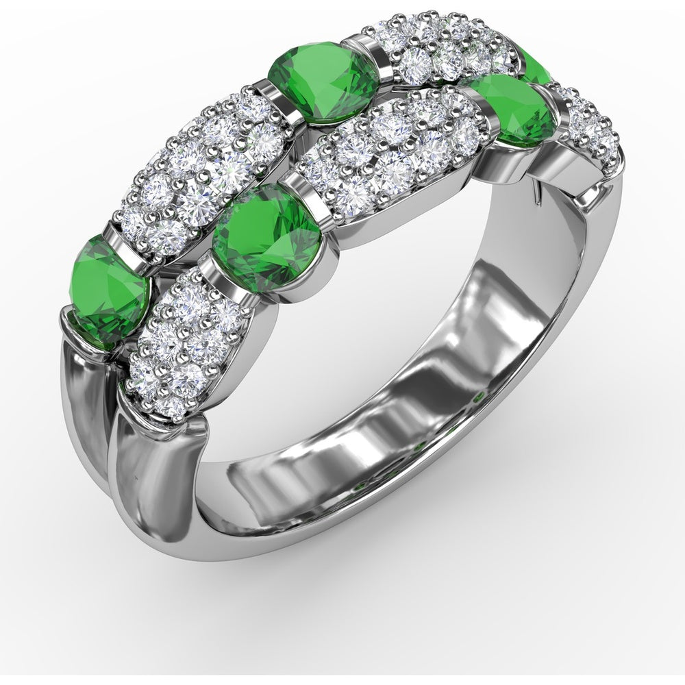 Double Row Ring with Round Emeralds and Pavé Diamonds by Fana - 1.41 Carat Total Gemstone Weight