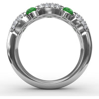 Double Row Ring with Round Emeralds and Pavé Diamonds by Fana - 1.41 Carat Total Gemstone Weight