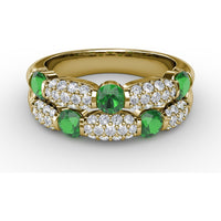 Double Row Ring with Round Emeralds and Pavé Diamonds by Fana - 1.41 Carat Total Gemstone Weight