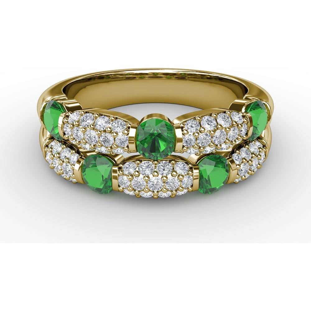 Double Row Ring with Round Emeralds and Pavé Diamonds by Fana - 1.41 Carat Total Gemstone Weight