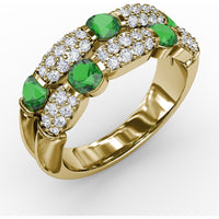 Double Row Ring with Round Emeralds and Pavé Diamonds by Fana - 1.41 Carat Total Gemstone Weight