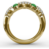 Double Row Ring with Round Emeralds and Pavé Diamonds by Fana - 1.41 Carat Total Gemstone Weight