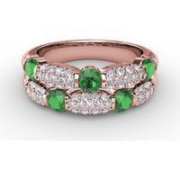 Double Row Ring with Round Emeralds and Pavé Diamonds by Fana - 1.41 Carat Total Gemstone Weight