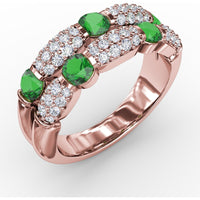 Double Row Ring with Round Emeralds and Pavé Diamonds by Fana - 1.41 Carat Total Gemstone Weight