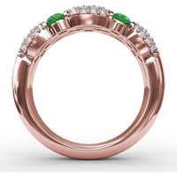 Double Row Ring with Round Emeralds and Pavé Diamonds by Fana - 1.41 Carat Total Gemstone Weight