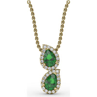 Double Teardrop Emerald Pendant with Diamond Halo by Fana - 0.87 Carat Total Emerald Weight