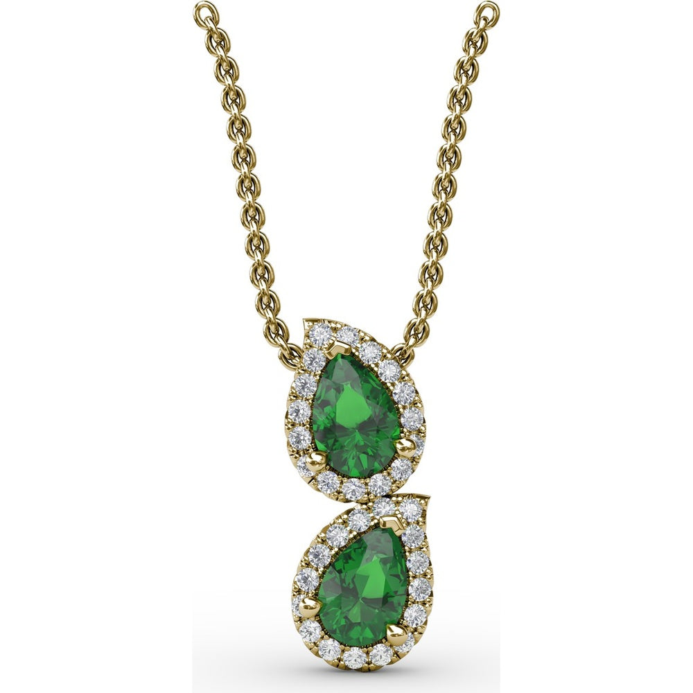 Double Teardrop Emerald Pendant with Diamond Halo by Fana - 0.87 Carat Total Emerald Weight