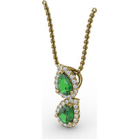 Double Teardrop Emerald Pendant with Diamond Halo by Fana - 0.87 Carat Total Emerald Weight