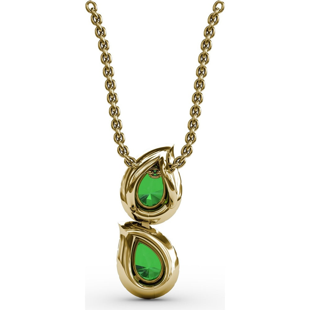 Double Teardrop Emerald Pendant with Diamond Halo by Fana - 0.87 Carat Total Emerald Weight