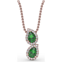 Double Teardrop Emerald Pendant with Diamond Halo by Fana - 0.87 Carat Total Emerald Weight