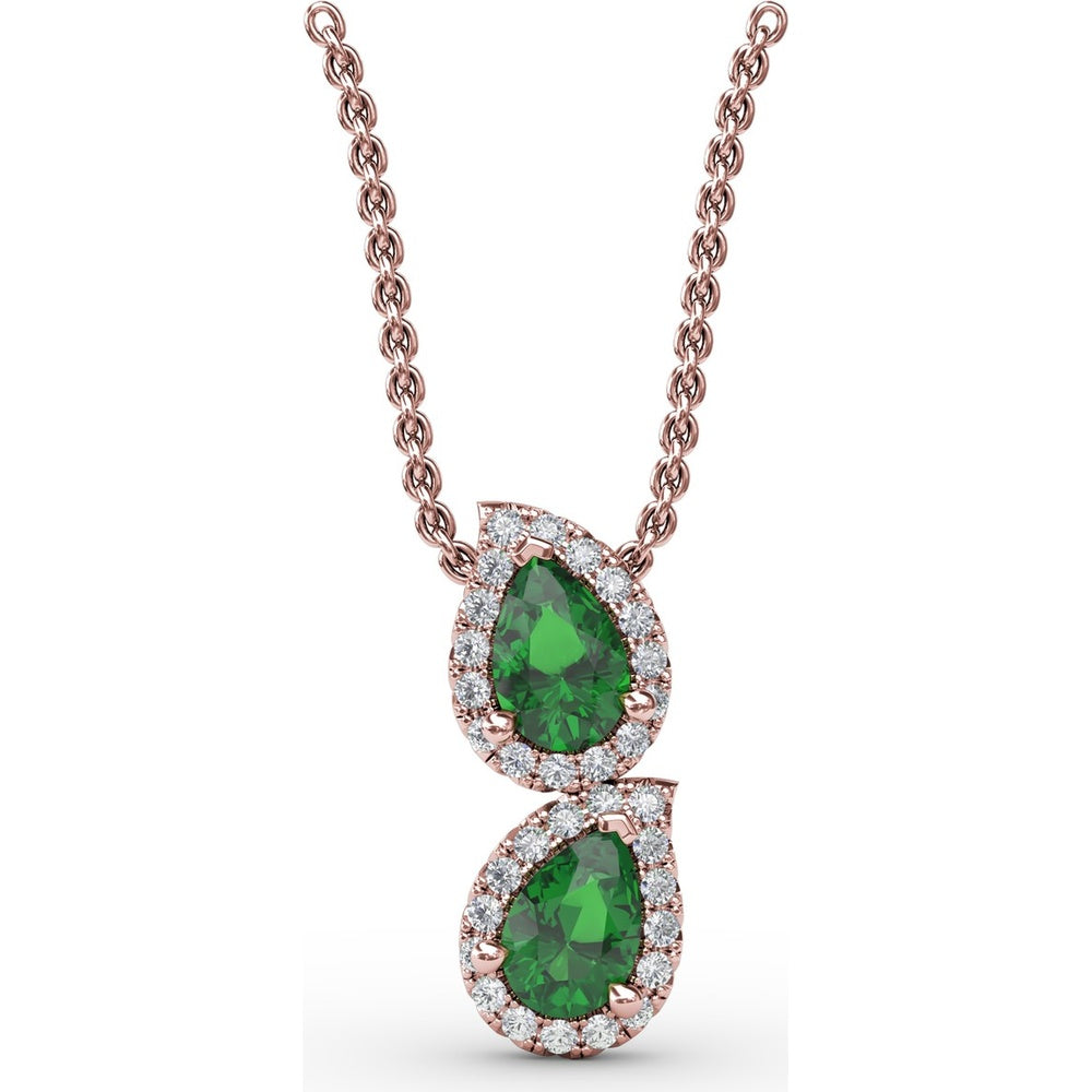 Double Teardrop Emerald Pendant with Diamond Halo by Fana - 0.87 Carat Total Emerald Weight