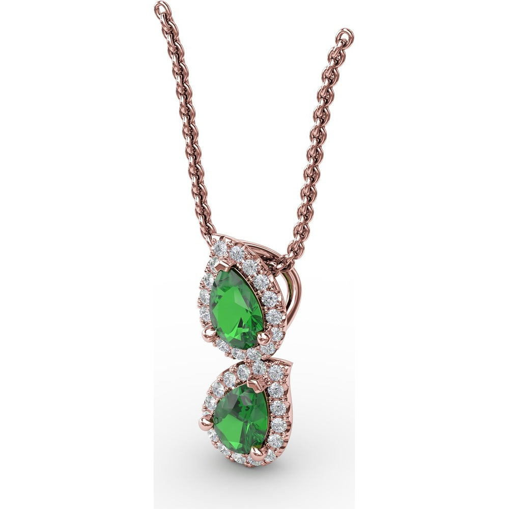 Double Teardrop Emerald Pendant with Diamond Halo by Fana - 0.87 Carat Total Emerald Weight