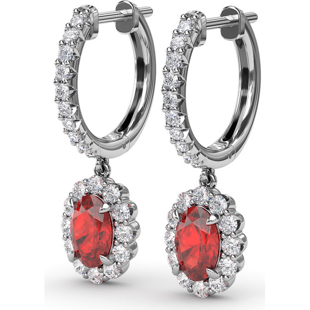 Drop Earrings with Oval Ruby Halo and Pavé Diamond Bar by Fana - 1.89 Carat Total Gemstone Weight