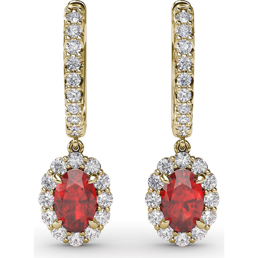 Drop Earrings with Oval Ruby Halo and Pavé Diamond Bar by Fana - 1.89 Carat Total Gemstone Weight