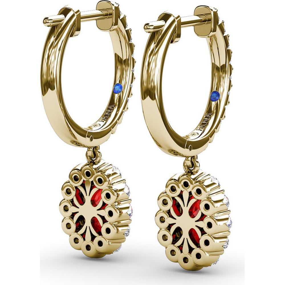 Drop Earrings with Oval Ruby Halo and Pavé Diamond Bar by Fana - 1.89 Carat Total Gemstone Weight