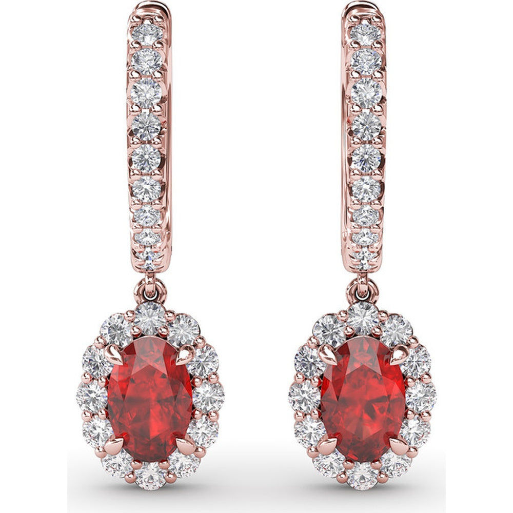 Drop Earrings with Oval Ruby Halo and Pavé Diamond Bar by Fana - 1.89 Carat Total Gemstone Weight