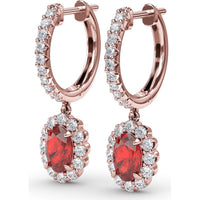 Drop Earrings with Oval Ruby Halo and Pavé Diamond Bar by Fana - 1.89 Carat Total Gemstone Weight