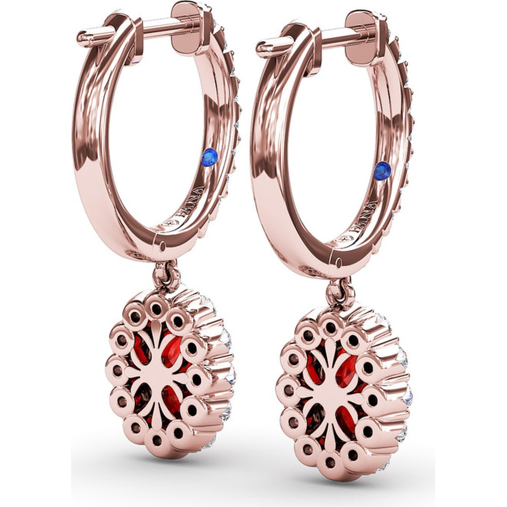 Drop Earrings with Oval Ruby Halo and Pavé Diamond Bar by Fana - 1.89 Carat Total Gemstone Weight