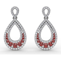 Drop Earrings with Pear-Shaped Openwork Diamond Frame and Graduated Prong-Set Rubies by Fana - 2.18 Carat Total Gemstone Weight