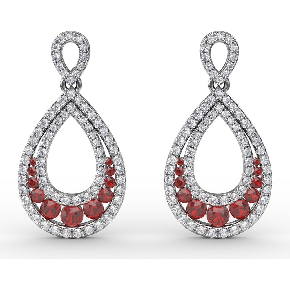 Drop Earrings with Pear-Shaped Openwork Diamond Frame and Graduated Prong-Set Rubies by Fana - 2.18 Carat Total Gemstone Weight