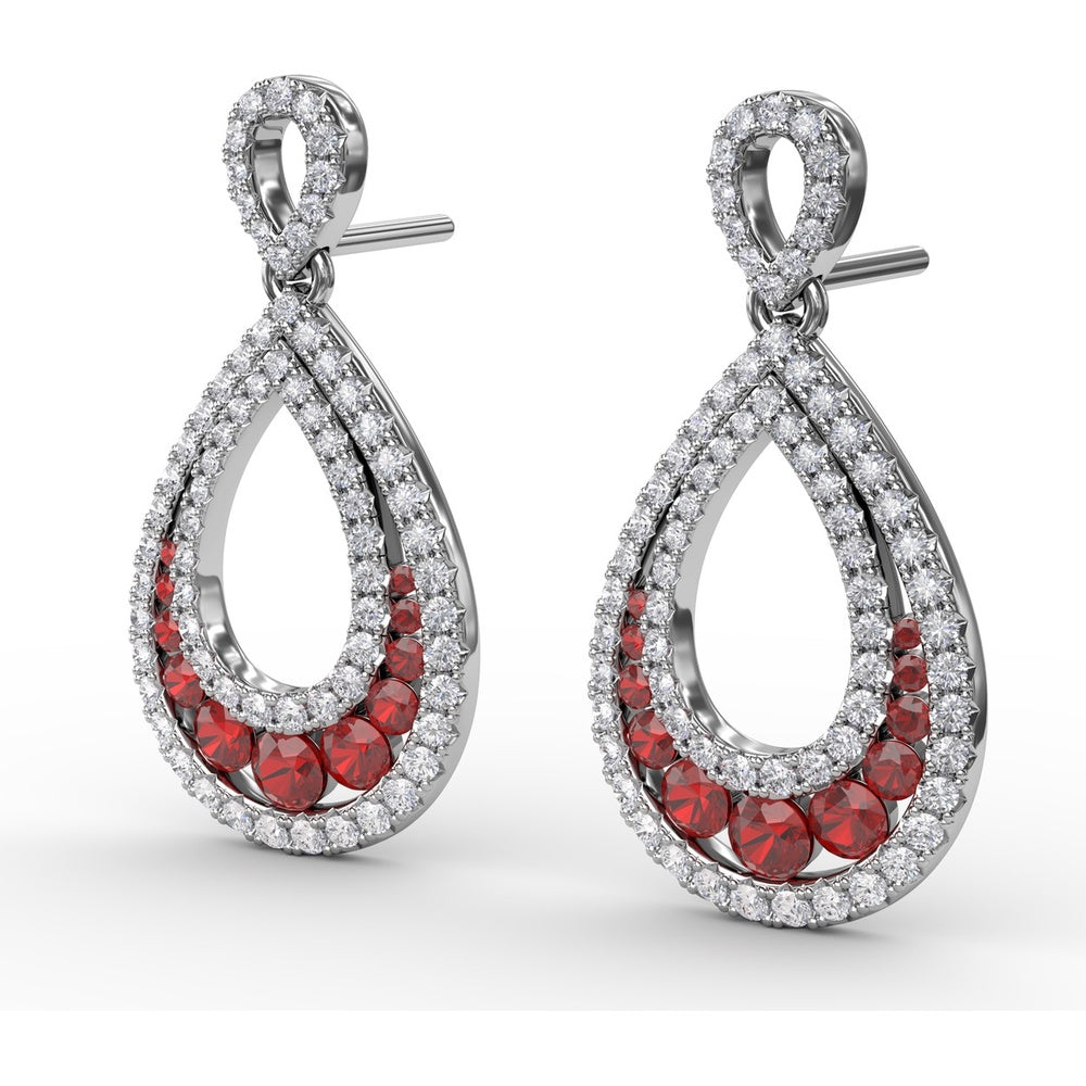 Drop Earrings with Pear-Shaped Openwork Diamond Frame and Graduated Prong-Set Rubies by Fana - 2.18 Carat Total Gemstone Weight