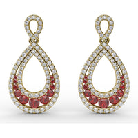 Drop Earrings with Pear-Shaped Openwork Diamond Frame and Graduated Prong-Set Rubies by Fana - 2.18 Carat Total Gemstone Weight
